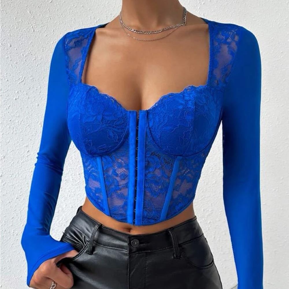 blue long sleeve lace/mesh shirt